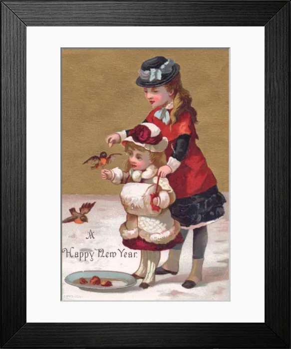 Framed Print : Two girls with robins in the snow on a New Year card Framed Print : Two girls with robins in the snow on a New Year card