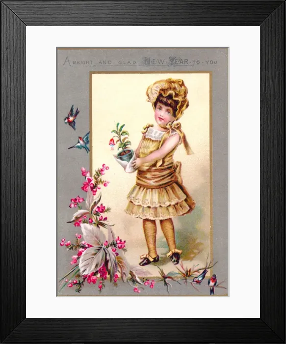 Framed Print : Girl with birds and flowers on a New Year card Framed Print : Girl with birds and flowers on a New Year card