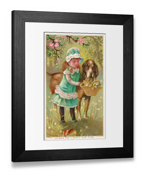 Framed Print : Girl with large dog and flowers on a New Year card Framed Print : Girl with large dog and flowers on a New Year card