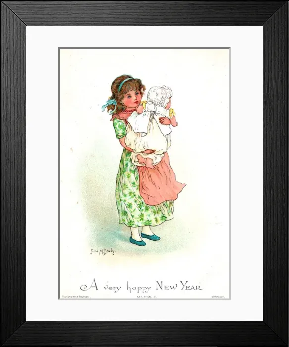 Framed Print : Girl with baby on a New Year card Framed Print : Girl with baby on a New Year card