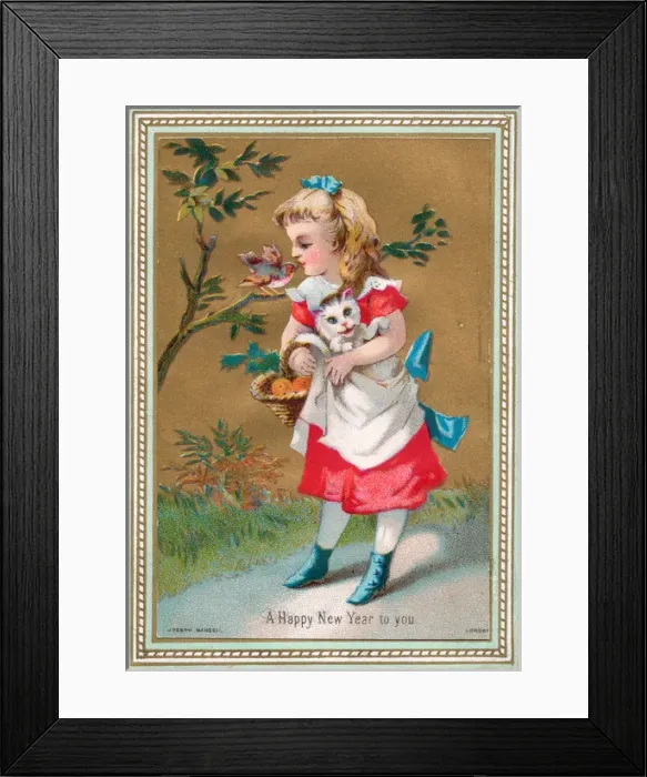 Framed Print : Girl with cat and robin in a garden on a New Year card Framed Print : Girl with cat and robin in a garden on a New Year card