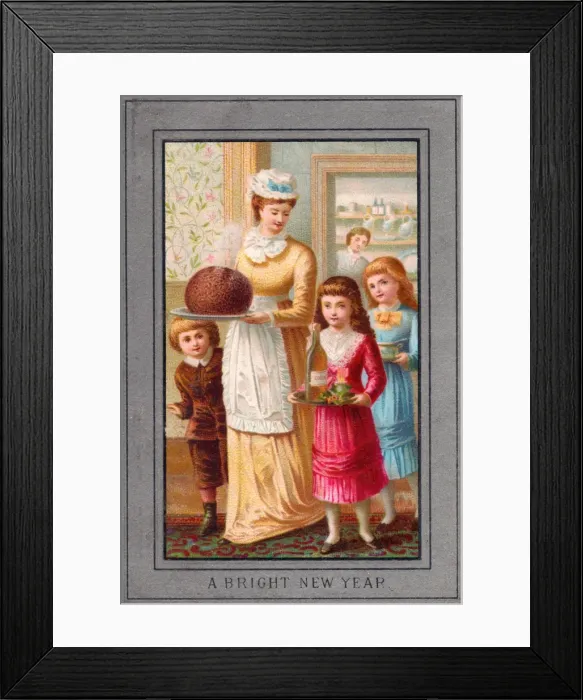 Framed Print : Family with Christmas pudding on a New Year card Framed Print : Family with Christmas pudding on a New Year card