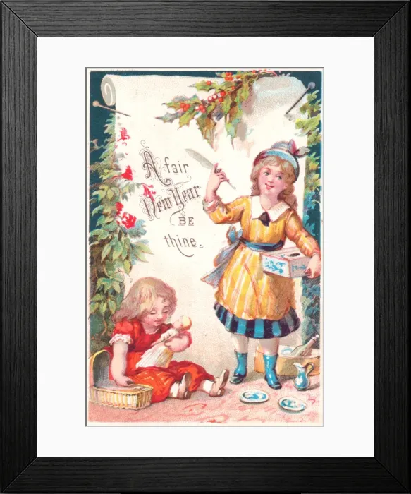 Framed Print : Two girls with presents on a New Year card Framed Print : Two girls with presents on a New Year card