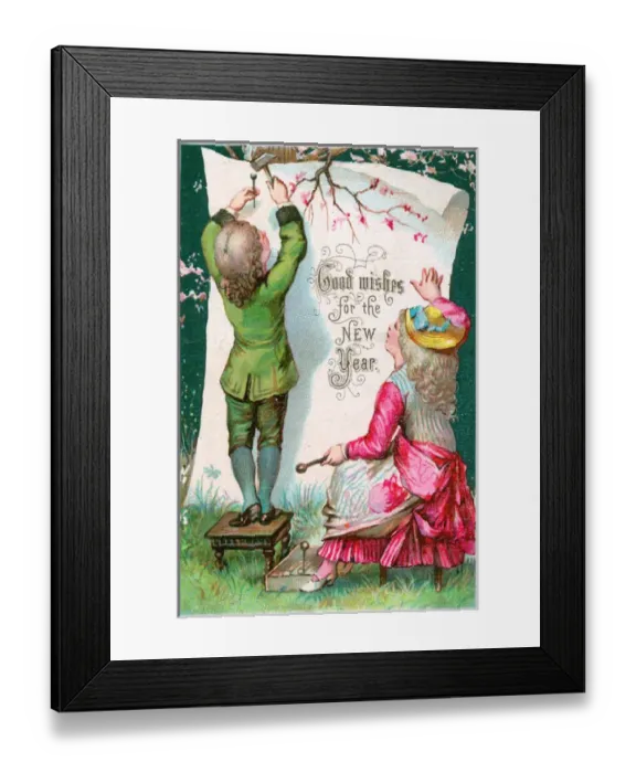 Framed Print : Boy and girl attaching New Year greeting to a tree Framed Print : Boy and girl attaching New Year greeting to a tree