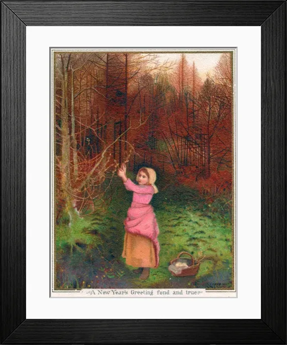 Framed Print : Girl collecting firewood on a New Year card Framed Print : Girl collecting firewood on a New Year card