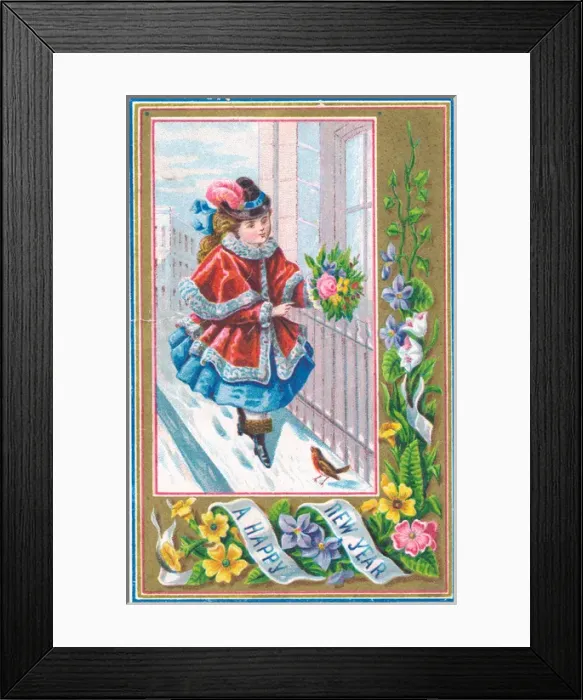 Framed Print : Girl with flowers and robin on a New Year card Framed Print : Girl with flowers and robin on a New Year card