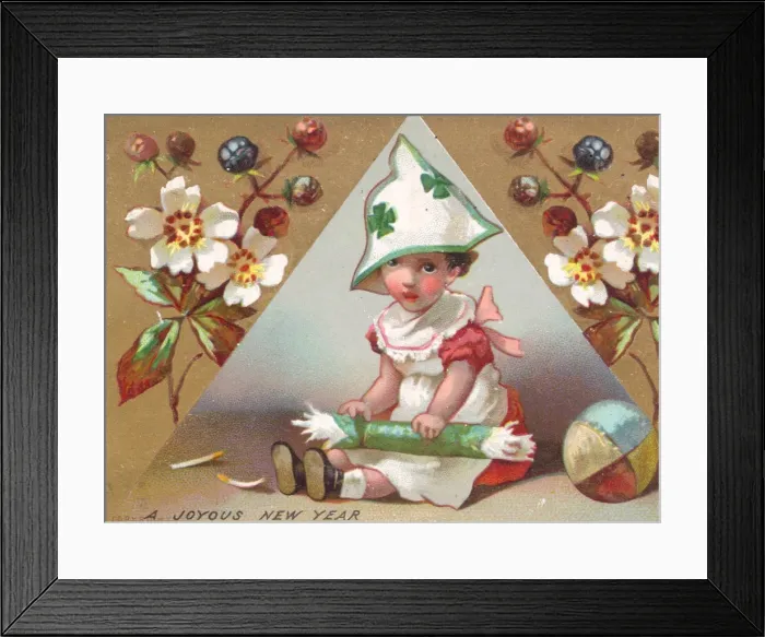 Framed Print : Girl with Christmas cracker on a New Year card Framed Print : Girl with Christmas cracker on a New Year card