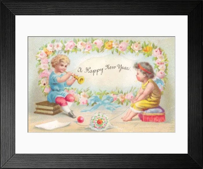 Framed Print : Two cherubs with flowers on a New Year card Framed Print : Two cherubs with flowers on a New Year card