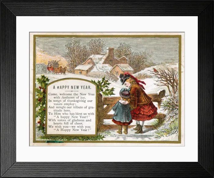 Framed Print : Two girls in the snow on a New Year card Framed Print : Two girls in the snow on a New Year card