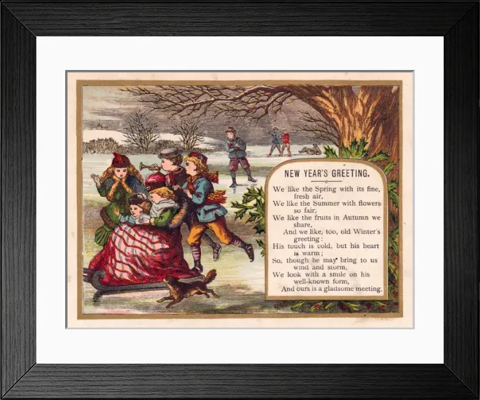 Framed Print : Children skating and sledding on a New Year card Framed Print : Children skating and sledding on a New Year card