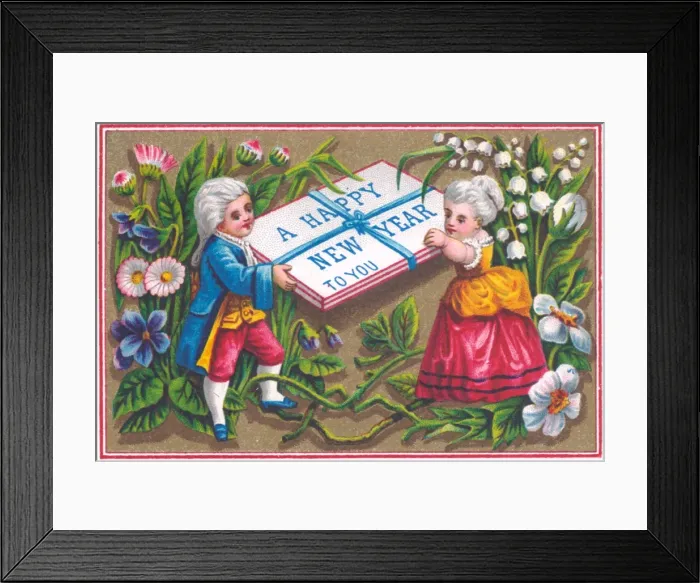 Framed Print : Boy and girl in historical costume on a New Year card Framed Print : Boy and girl in historical costume on a New Year card