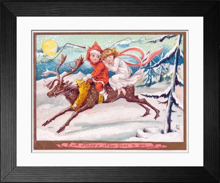 Framed Print : Boy and girl riding a reindeer on a New Year card Framed Print : Boy and girl riding a reindeer on a New Year card