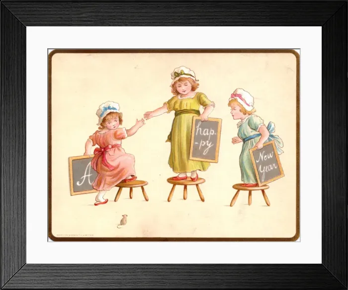 Framed Print : Three little girls and a mouse on a New Year card Framed Print : Three little girls and a mouse on a New Year card