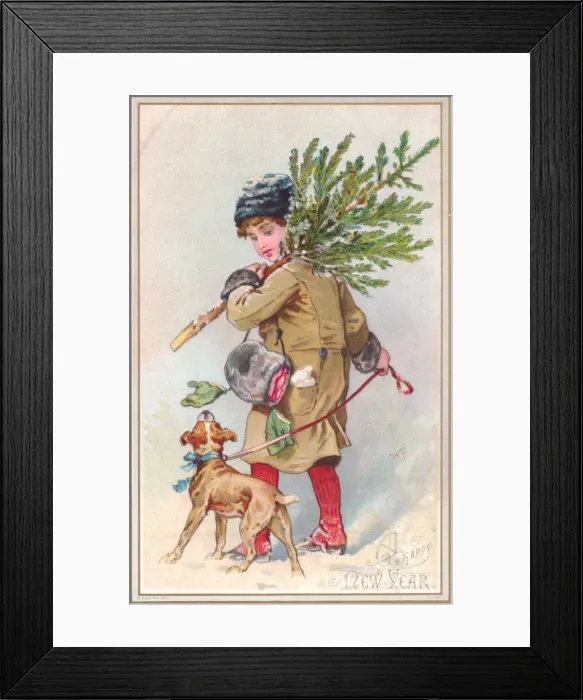 Framed Print : Girl and dog with Christmas tree on a New Year card Framed Print : Girl and dog with Christmas tree on a New Year card
