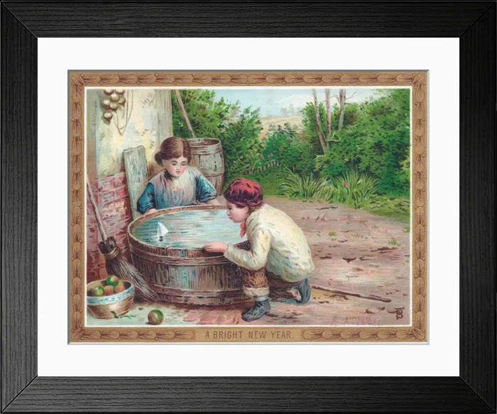 Framed Print : Boy and girl with toy boat on a New Year card Framed Print : Boy and girl with toy boat on a New Year card