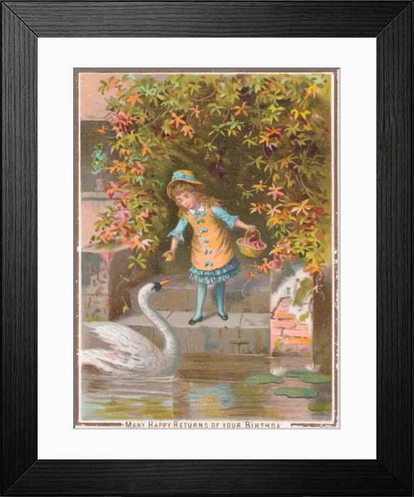Framed Print : Little girl with swan on a birthday card Framed Print : Little girl with swan on a birthday card