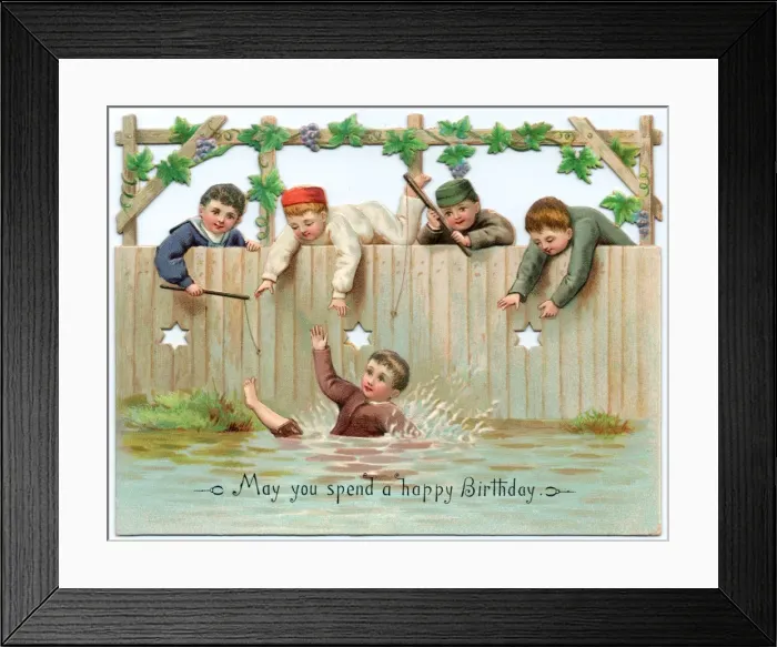 Framed Print : Five boys, one swimming, on a birthday card Framed Print : Five boys, one swimming, on a birthday card
