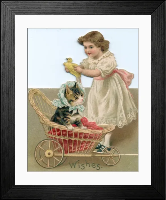 Framed Print : Girl with cat and bird on a Good Wishes cutout card Framed Print : Girl with cat and bird on a Good Wishes cutout card