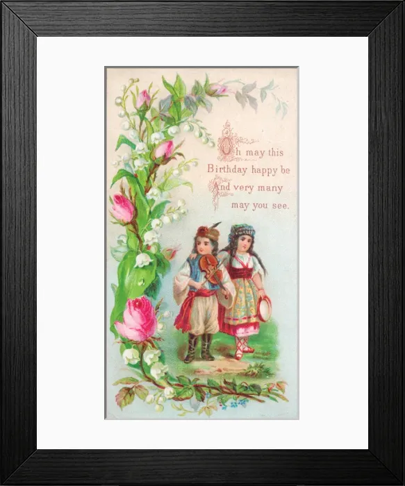Framed Print : Girl and boy in peasant costume on a birthday card Framed Print : Girl and boy in peasant costume on a birthday card