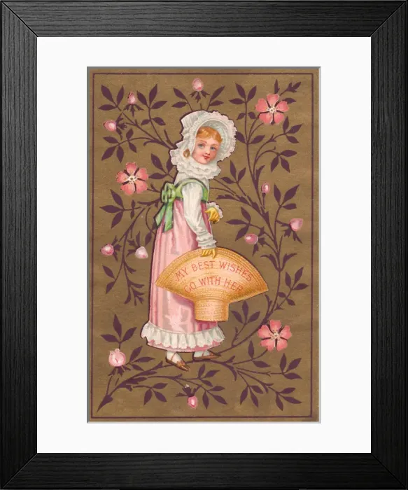 Framed Print : Girl in a pink dress on a Best Wishes card Framed Print : Girl in a pink dress on a Best Wishes card
