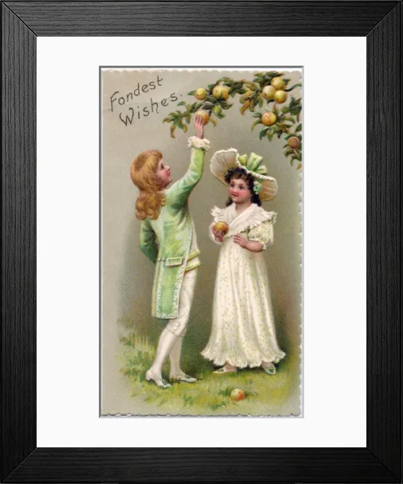 Framed Print : Boy and girl in an orchard on a Fondest Wishes card Framed Print : Boy and girl in an orchard on a Fondest Wishes card