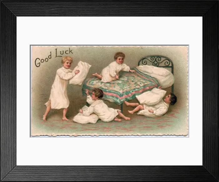 Framed Print : Four boys pillow fighting on a Good Luck card Framed Print : Four boys pillow fighting on a Good Luck card