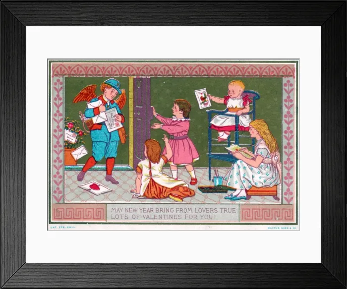 Framed Print : Winged postman with letters on a New Year card Framed Print : Winged postman with letters on a New Year card