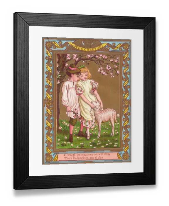 Framed Print : Boy and girl with a lamb on a romantic greetings card Framed Print : Boy and girl with a lamb on a romantic greetings card