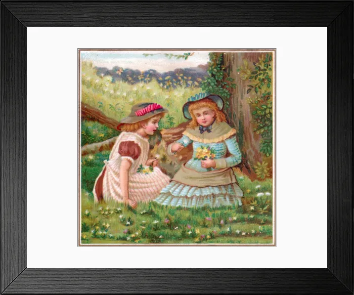Framed Print : Two girls with flowers on a greetings card Framed Print : Two girls with flowers on a greetings card