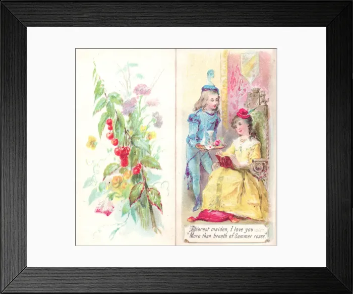 Framed Print : Romantic couple in historical costume on a greetings card Framed Print : Romantic couple in historical costume on a greetings card