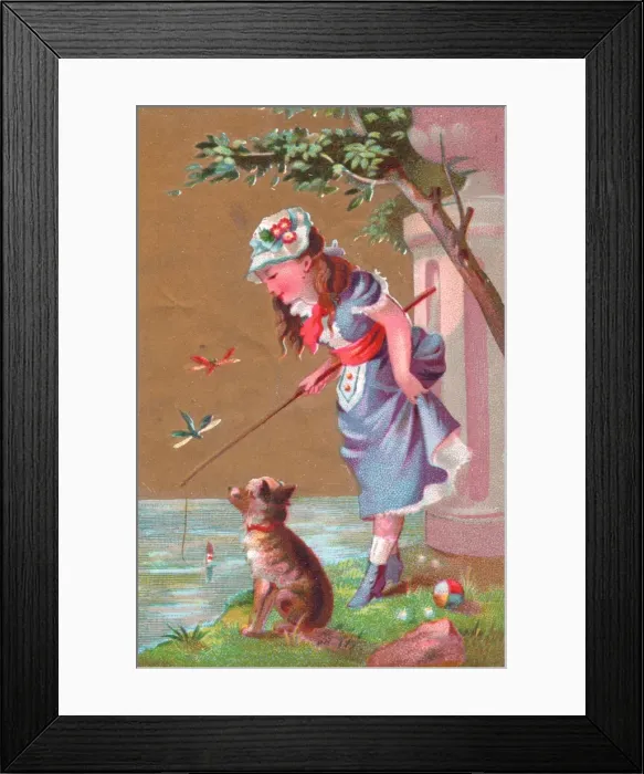 Framed Print : Girl fishing with dog on a greetings card Framed Print : Girl fishing with dog on a greetings card