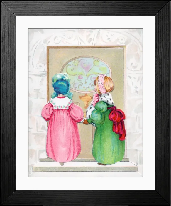 Framed Print : Two little girls standing at a door on a greetings card Framed Print : Two little girls standing at a door on a greetings card