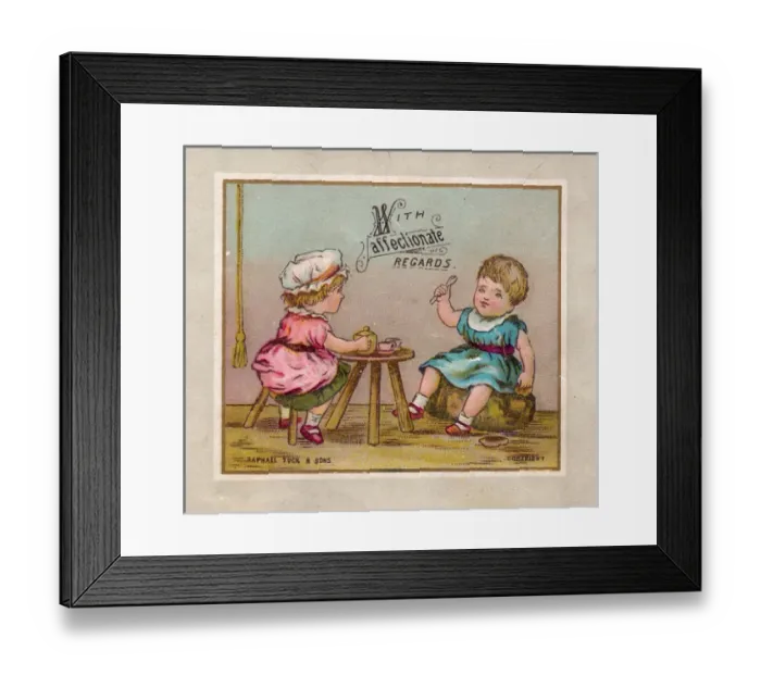 Framed Print : Two children drinking tea on a greetings card Framed Print : Two children drinking tea on a greetings card