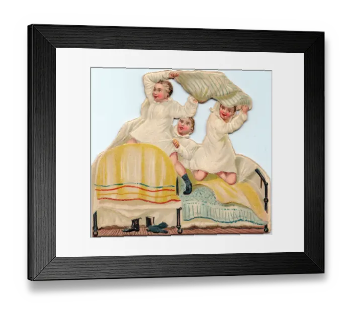Framed Print : Three boys pillow fighting on a cutout greetings card Framed Print : Three boys pillow fighting on a cutout greetings card