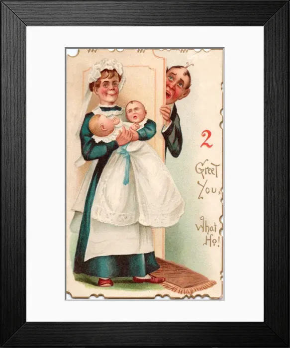 Framed Print : Man, woman and twin babies on a greetings card Framed Print : Man, woman and twin babies on a greetings card