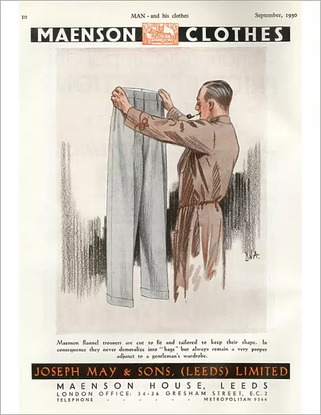 Maenson Clothes advertisement for flannel trousers, 1930