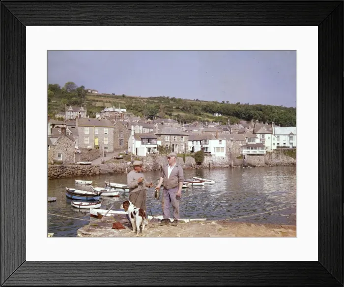 Framed Print : Men, dog and boats at Mousehole, Cornwall Framed Print : Men, dog and boats at Mousehole, Cornwall