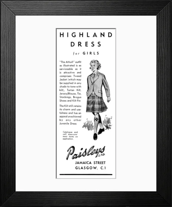 Framed Print : Highland dress for Girls - advertisement, 1956 Framed Print : Highland dress for Girls - advertisement, 1956