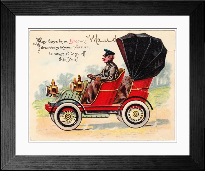 Framed Print : Chauffeur driving red car on a Christmas card Framed Print : Chauffeur driving red car on a Christmas card