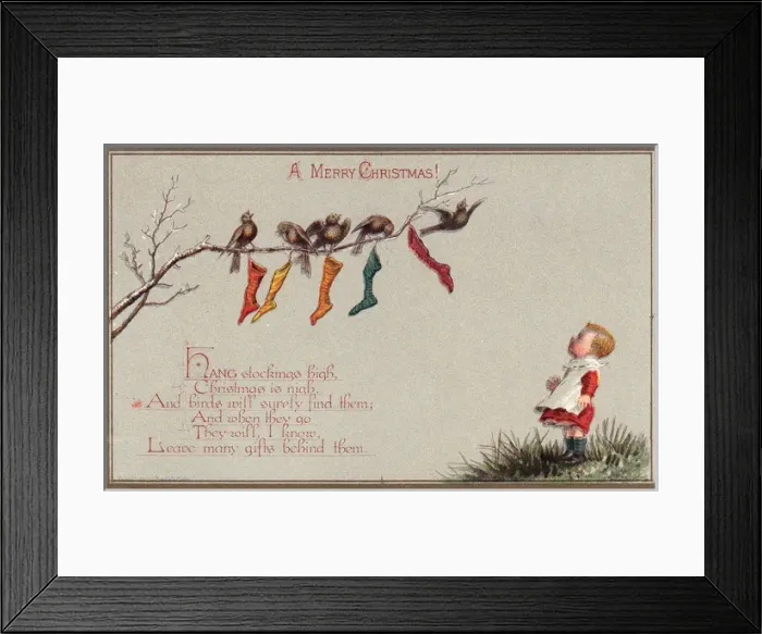 Framed Print : Birds and stockings on a Christmas card Framed Print : Birds and stockings on a Christmas card