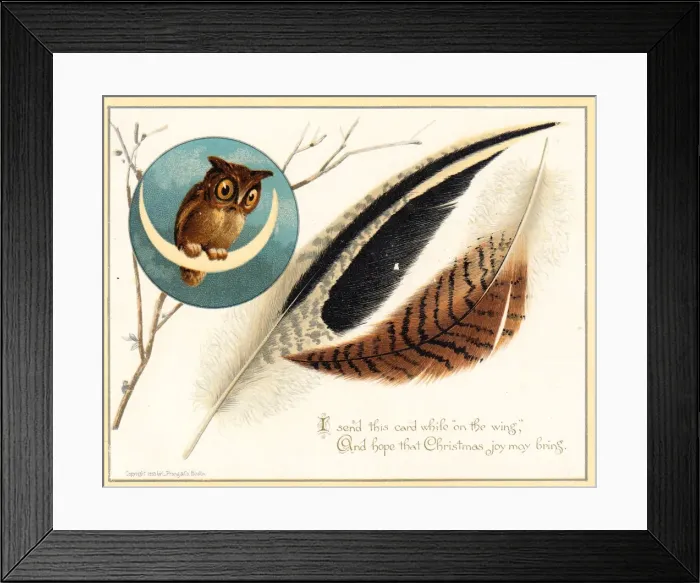 Framed Print : Owl on crescent moon on a Christmas card Framed Print : Owl on crescent moon on a Christmas card