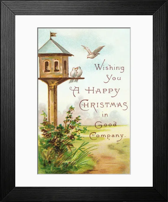 Framed Print : White doves and dovecote on a Christmas card Framed Print : White doves and dovecote on a Christmas card