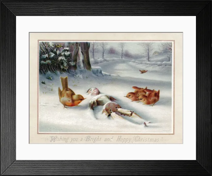 Framed Print : Birds with wooden doll in snow on a Christmas card Framed Print : Birds with wooden doll in snow on a Christmas card