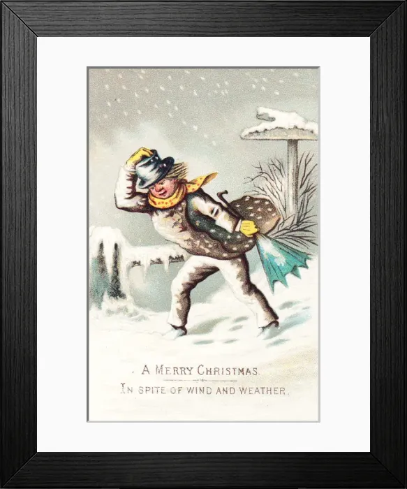 Framed Print : Man in the snow and wind on a Christmas card Framed Print : Man in the snow and wind on a Christmas card