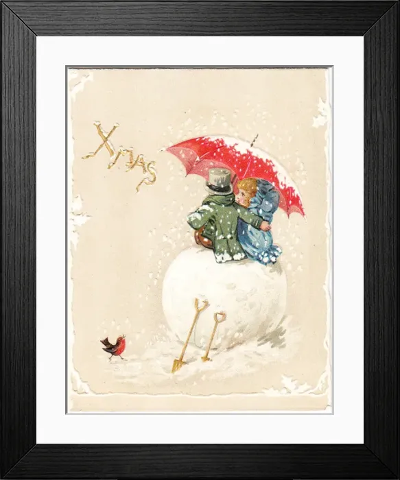 Framed Print : Two children sitting on large snowball on a Christmas card Framed Print : Two children sitting on large snowball on a Christmas card