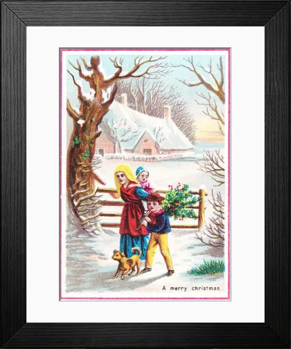 Framed Print : Woman and two children in snow on a Christmas card Framed Print : Woman and two children in snow on a Christmas card