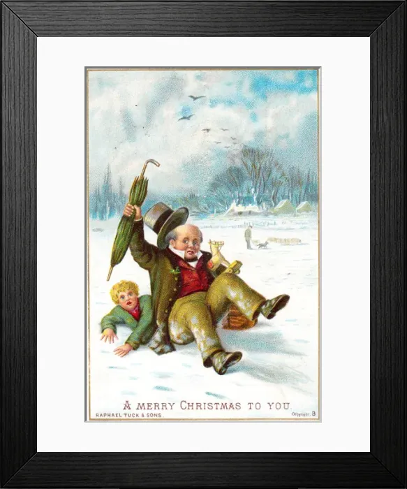 Framed Print : Man and boy falling over in snow on a Christmas card Framed Print : Man and boy falling over in snow on a Christmas card