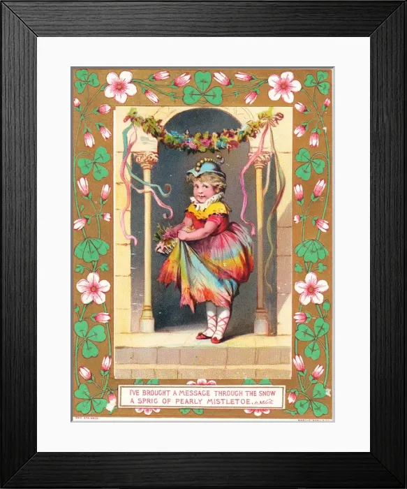 Framed Print : Little girl with mistletoe on a Christmas card Framed Print : Little girl with mistletoe on a Christmas card