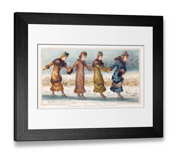 Framed Print : Four ladies on the ice on a Christmas card Framed Print : Four ladies on the ice on a Christmas card