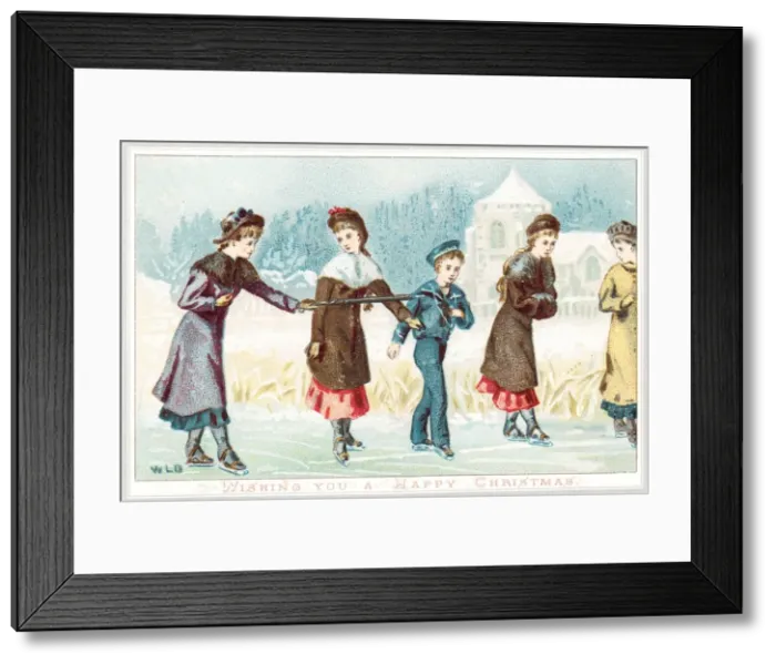 Framed Print : Four ladies and boy on the ice on a Christmas card Framed Print : Four ladies and boy on the ice on a Christmas card